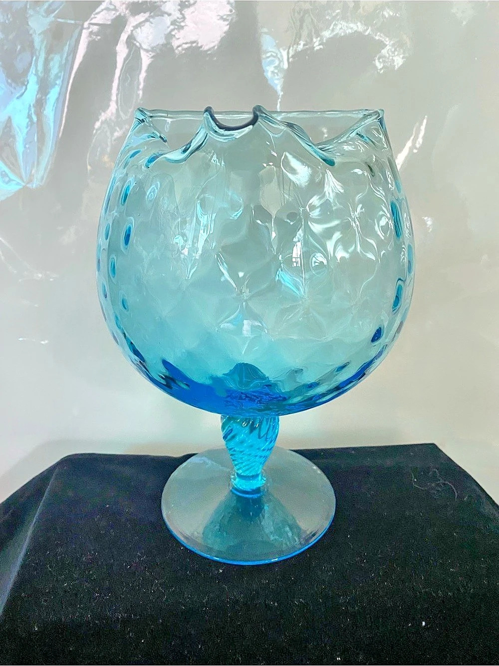 Aqua Blue Turquoise Art Glass Pitcher Coastal Cottage Boho Pedestal